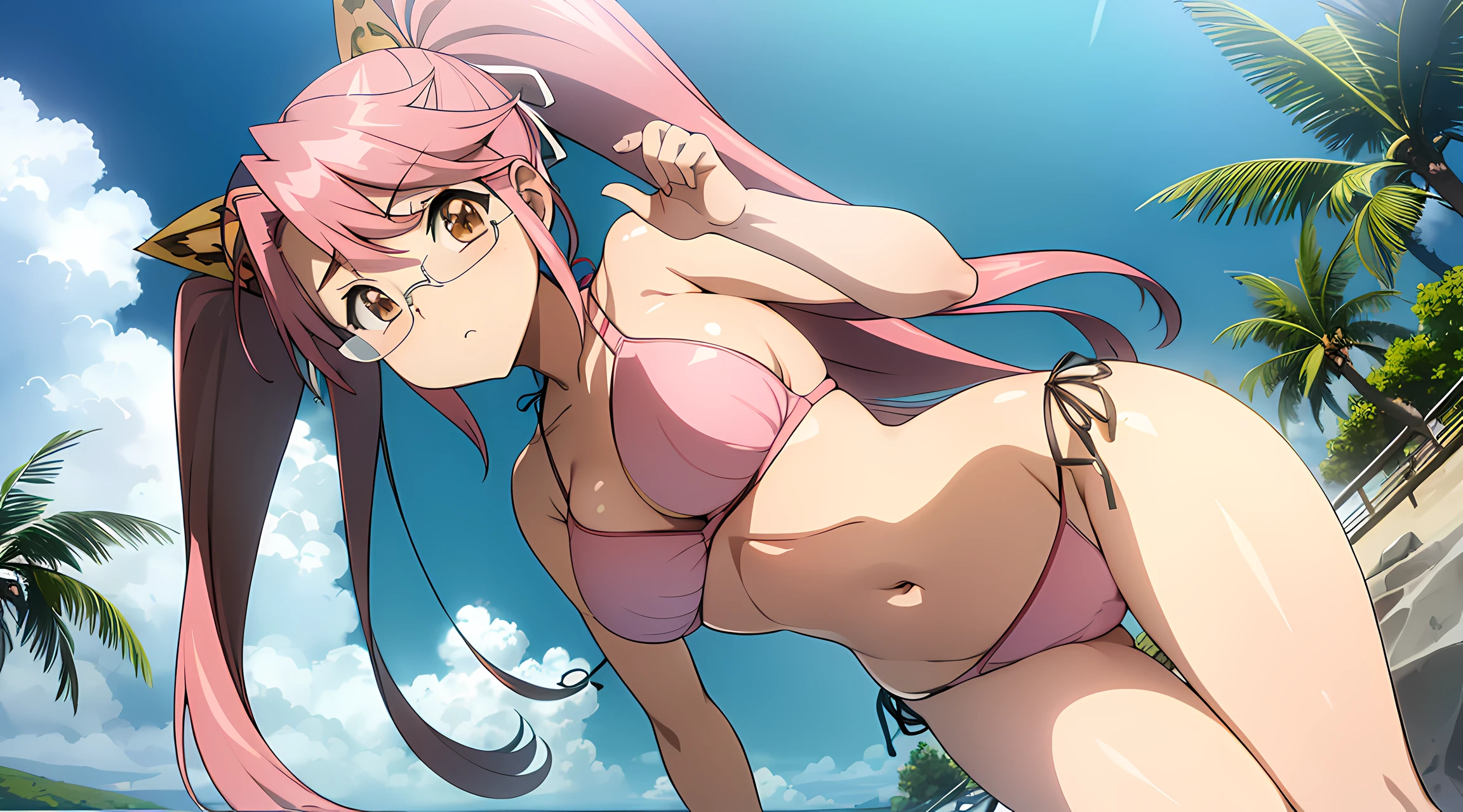 Hayatakagi, Hajime Takagi, Long hair, bow ribbon, (Twin-tailed:1.3), (Brown eyes:1.5), Hair Ribbon, Pink hair, (eye glasses:1.3),,(looking at the viewers:1.3),BREAK (masutepiece:1.2), Best Quality, High resolution, Unity 8k壁纸, (Illustration:0.8), (Beautiful detailed eyes:1.6), extra detailed face, Perfect Lighting, extremely details CG, (Perfect hands, Perfect Anatomy),(pink bikinis:1.3),(the beach:1.3),Naughty big、cowboy shot、thighs thighs thighs thighs、独奏