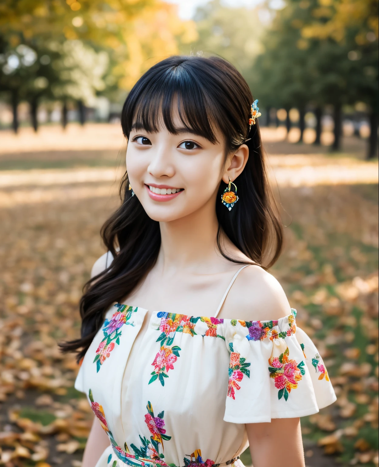 ((Masterpiece)), 8k, Masterpiece, Best Quality, One Girl, Solo, Realistic, Autumn Pavement, Photorealistic, Super Detailed, Detailed Background, (Solo: 1.4), Wearing a Colorful Dress, Happy facial expression, slender body, highly realistic detailed shoulder-length hair, intricate detail, masterpiece, top quality, waist shot, ((colorful flower field background)), smile, ((looking at camera)) , earrings, black hair, asymmetrical bangs, natural breasts, full body shot,