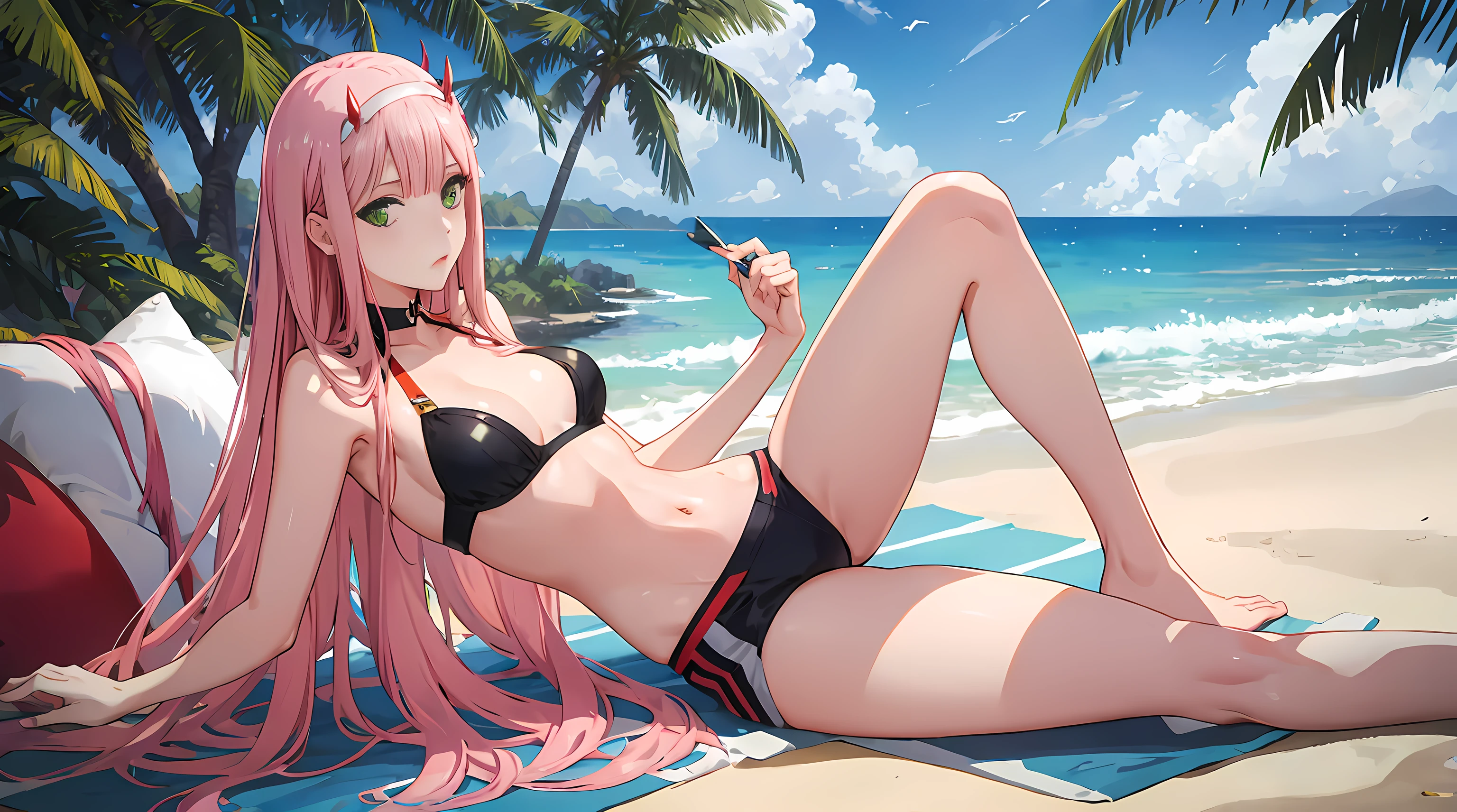 zero two, navel, medium breast, navel, slim legs, sunny day, Beach, leaning, beautiful eyes, green eyes, nervous, hot pants