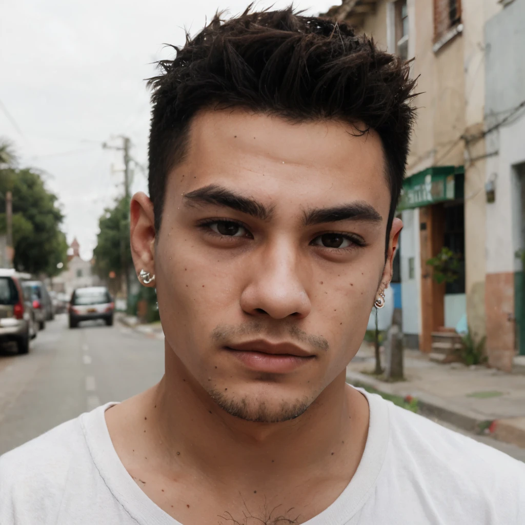 Mexican young man with spiked hair, freckles, and a pierced left eyebrow