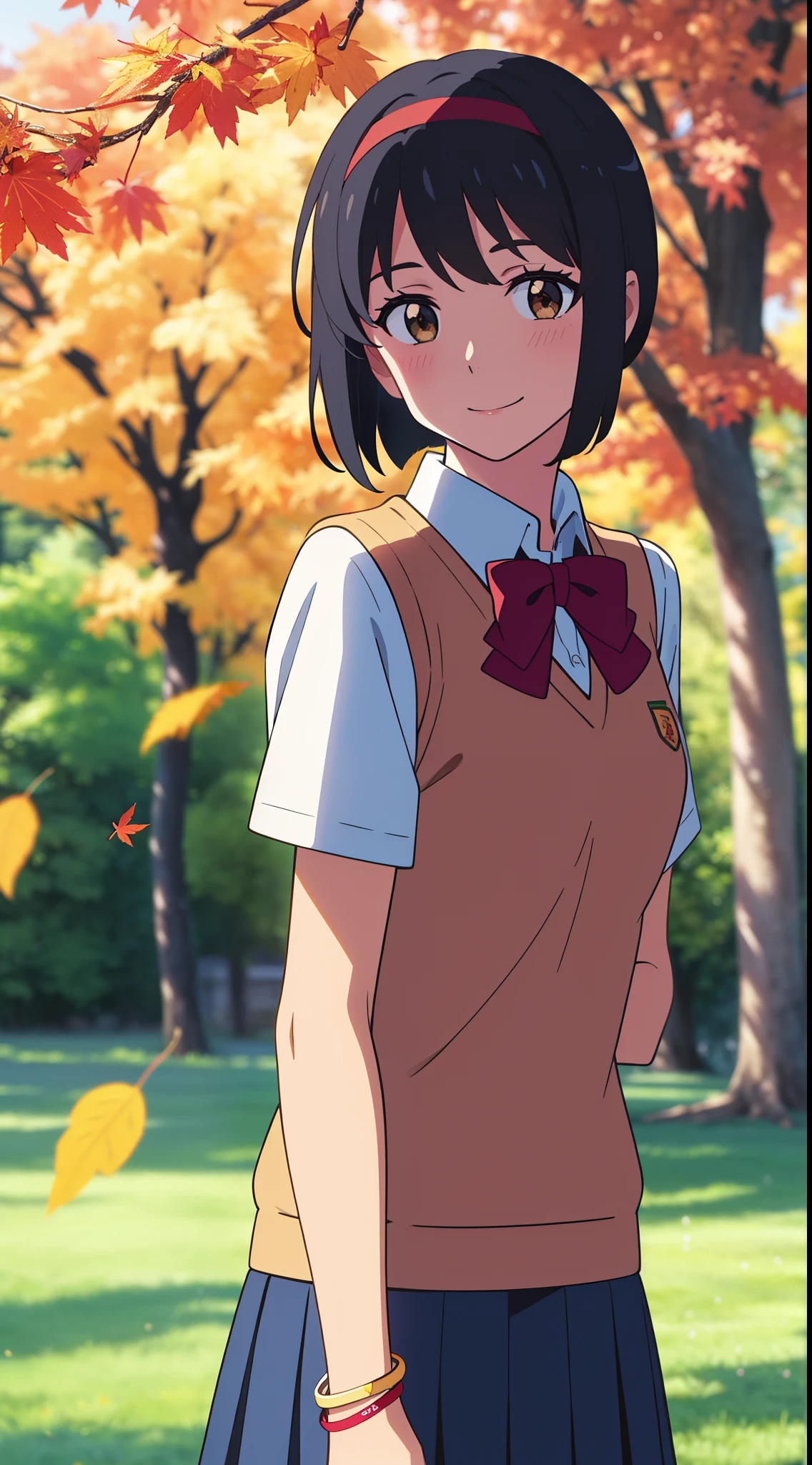 (masterpiece, best quality, high quality, highres, ultra-detailed), shinkai makoto, kimi no na wa., 1girl, bangs, black hair, blush, bright eyes, brown eyes, headband, looking at the viewer, red bow, red headband, red ribbon, school uniform, shirt, sweater vest, vest, white shirt, yellow sweater vest, yellow vest, skirt, blue skirt, short sleeves, short hair, medium breasts, solo, day, Outdoors, shiny skin, standing, shadow, smile, happy, bracelet, upper-body, {{{{{{in autumn}}}}}}, maple tree, falling leaves, autumn scenery, warm color., beautiful, pretty, {{{{fluttering leaves}}}}