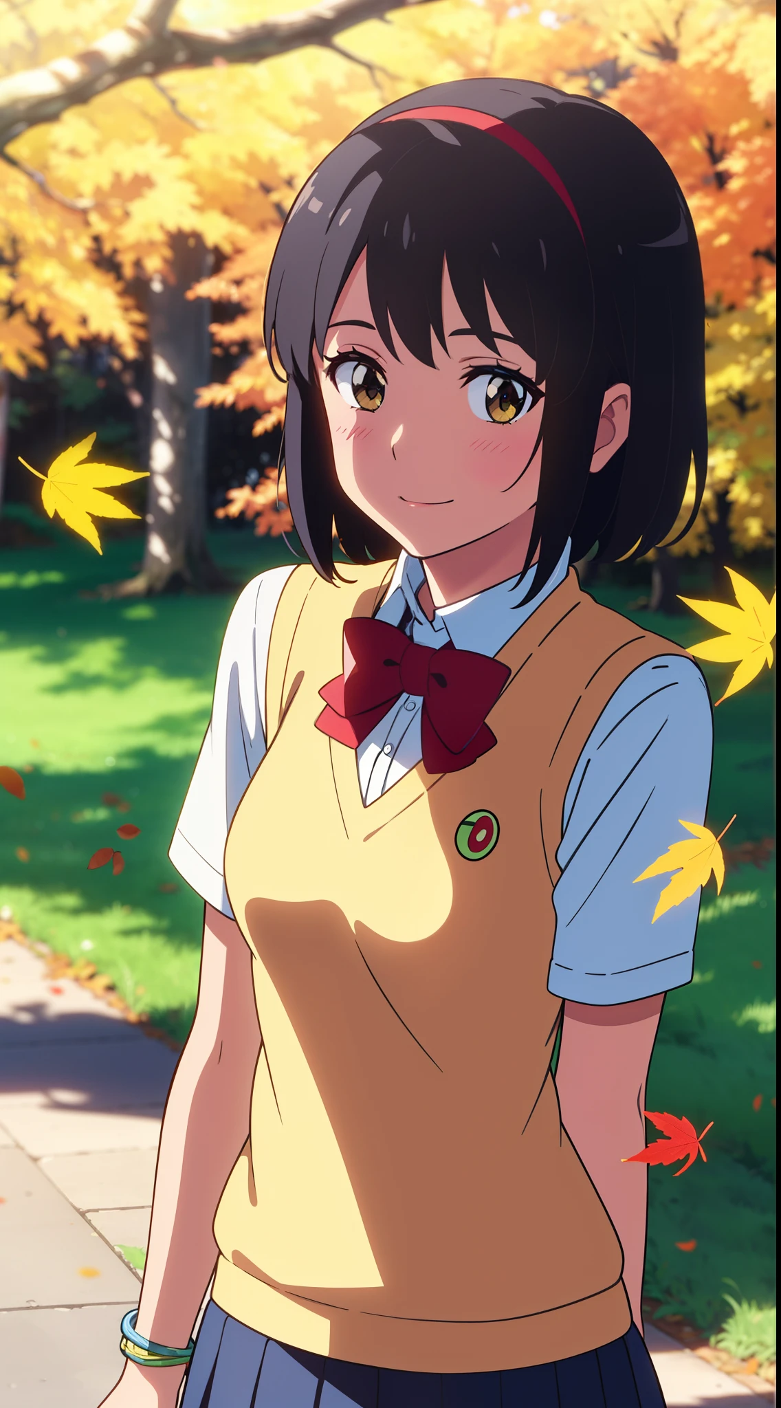 (masterpiece, best quality, high quality, highres, ultra-detailed), shinkai makoto, kimi no na wa., 1girl, bangs, black hair, blush, bright eyes, brown eyes, headband, looking at the viewer, red bow, red headband, red ribbon, school uniform, shirt, sweater vest, vest, white shirt, yellow sweater vest, yellow vest, skirt, blue skirt, short sleeves, short hair, medium breasts, solo, day, Outdoors, shiny skin, standing, shadow, smile, happy, bracelet, upper-body, {{{{{{in autumn}}}}}}, maple tree, falling leaves, autumn scenery, warm color., beautiful, pretty, {{{{fluttering leaves}}}}