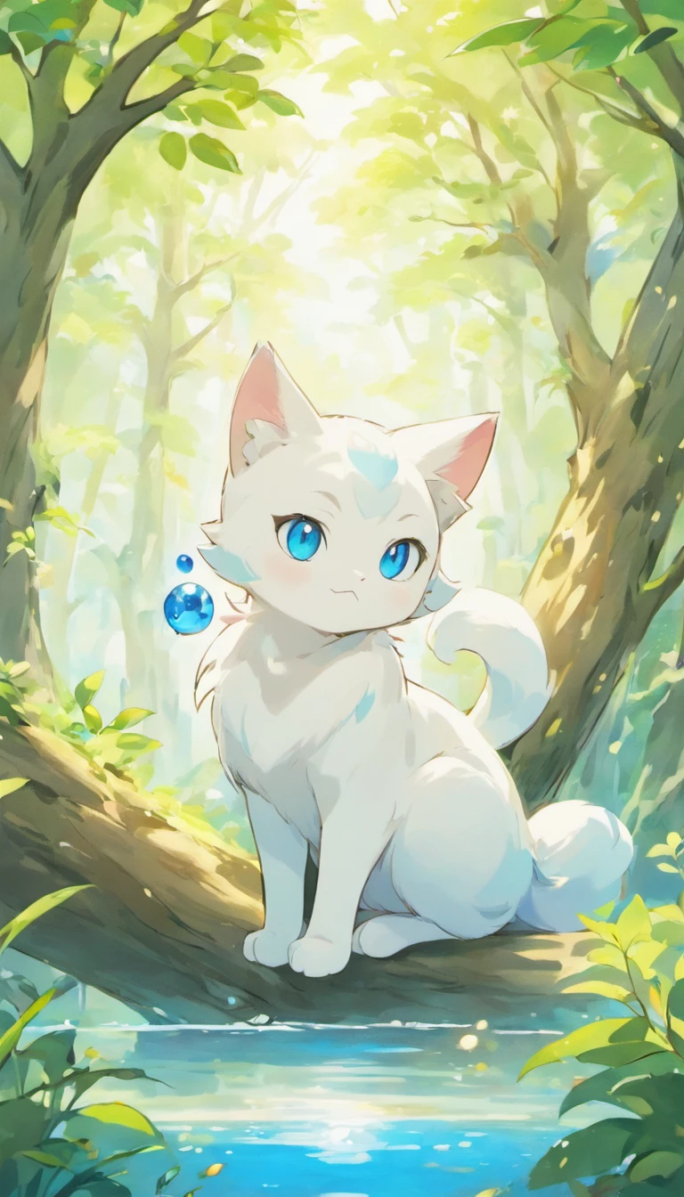 White cat、Blue eyes、sidelong glance、Inside a fantastic forest with a large lake in the background、Elegance、narrow her eyes、Fantastical、hali々and has、Condescending、On the branches of trees