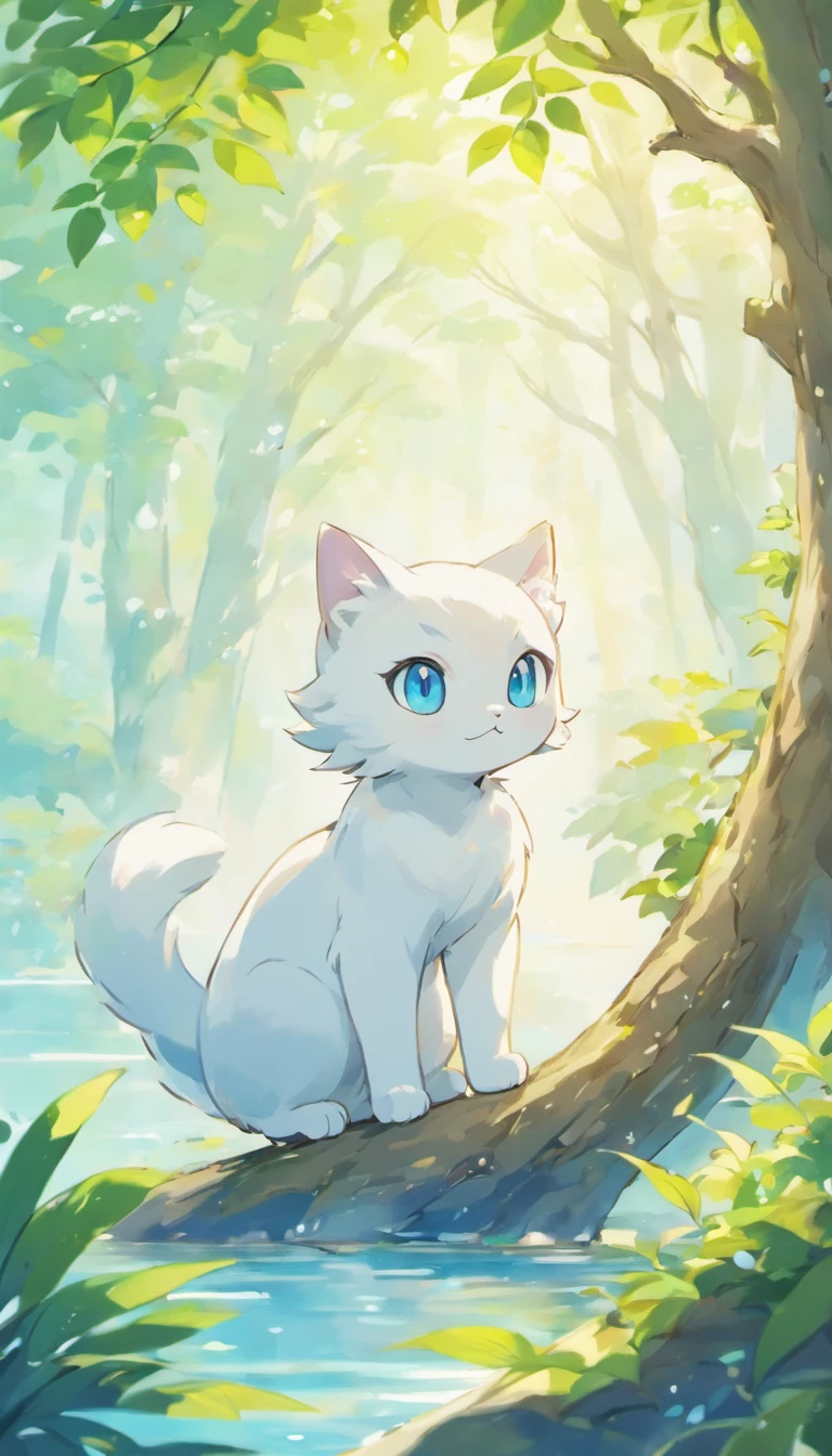 White cat、Blue eyes、sidelong glance、Inside a fantastic forest with a large lake in the background、Elegance、narrow her eyes、Fantastical、hali々and has、Condescending、On the branches of trees