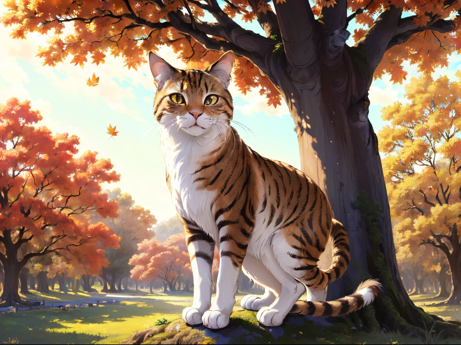 (best quality,highres,masterpiece:1.2),ultra-detailed,realistic,photorealistic:1.37,cat,gracefully poised atop an ancient oak tree,digital painting,golden hour,long shadows,backlit,sharp focus on feline,bokeh effect on background foliage,autumn leaves fluttering around