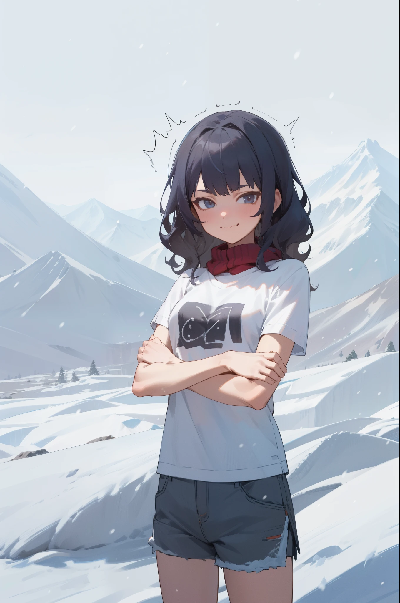 (outdoor, snow mountain, snow:1.3), 1girl, half T-shirt, shorts, standing, folding one's arms, looking at viewer, cowboy shot, (smirk:0.5, cold:1.2, trembling:1.4, wavy mouth), masterpiece, best quality, 8k, perfect 