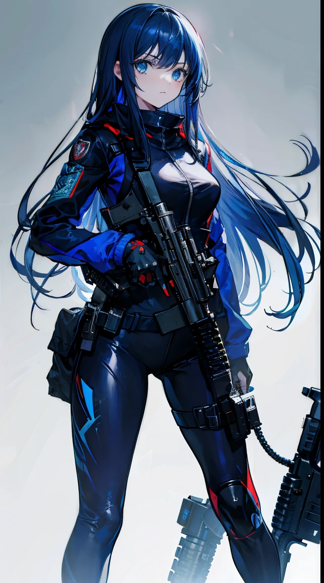 nothing background，girl，Carry a firearm，Torn clothes，tightsuit，use of firearms，dark blue long hair，heads up，blue color eyes