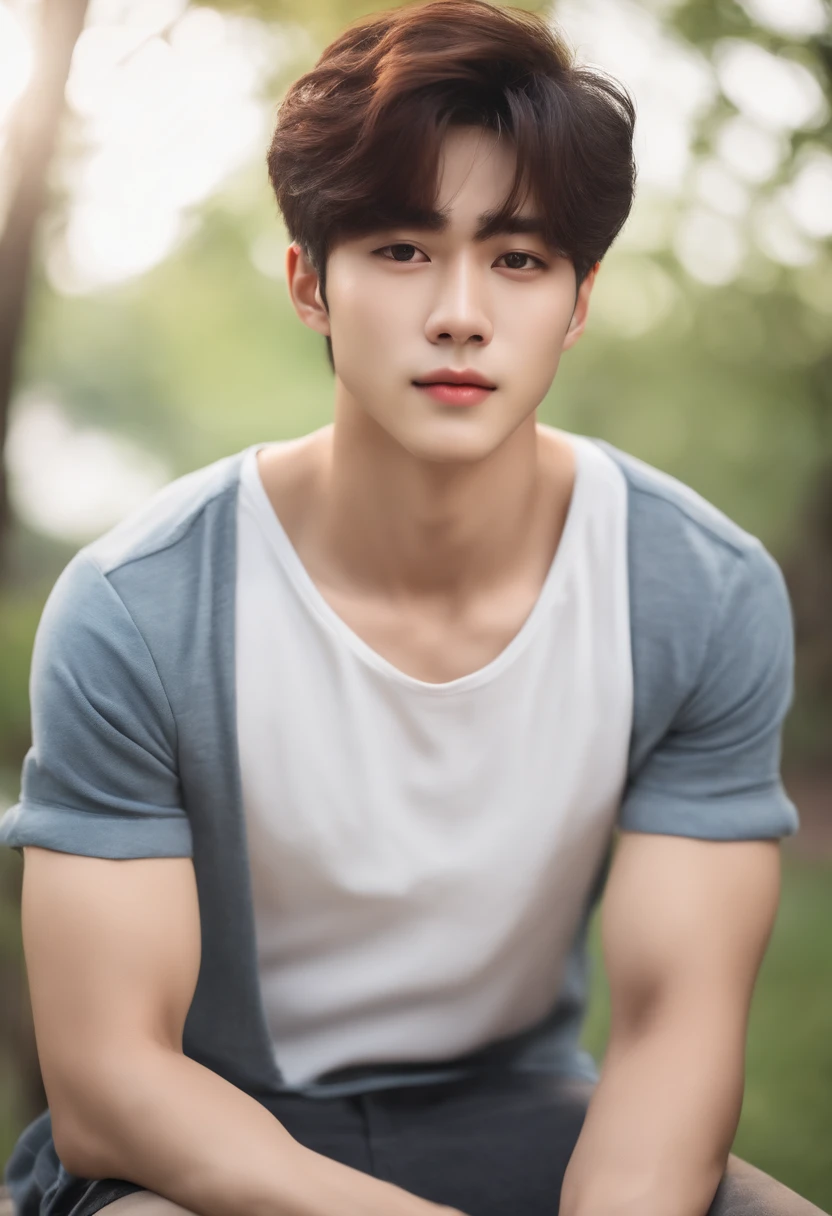 best quality, Official wallpapers, 1 boy,A young man of half-Asian, half-British descent.,handsome,cute,Good skin,dark brown hair,sunny morning,meadow,in the forest,naked,A large, beautiful penis, realistic, realistic, (EOS R8,50 mm,f1.2,8ก,raw photos:1.2), Bokeh