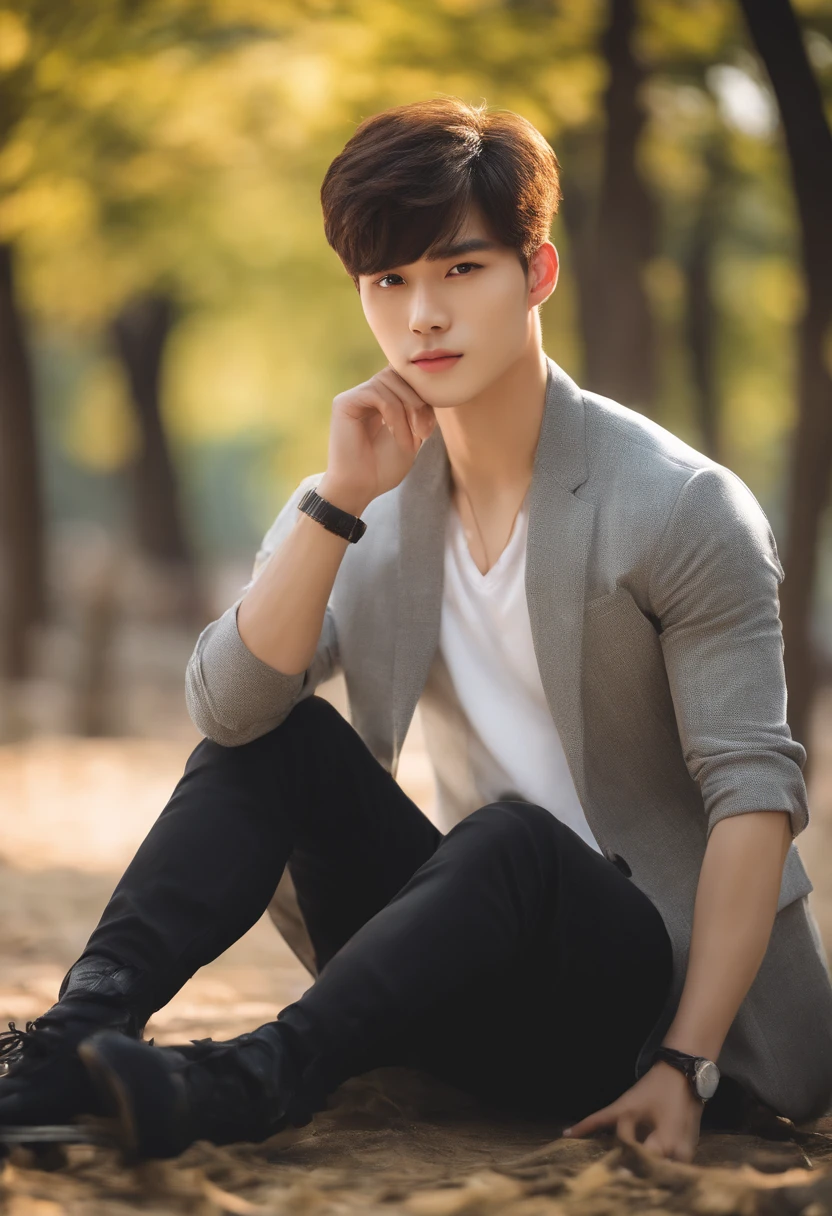 Realistic ,masutepiece, Best Quality, Boy, muscular young man, Korean man with idol face,hight resolution, Portrait, Photo_light, {{}}, ulzzang -6500-v1.1:0.8,In the park