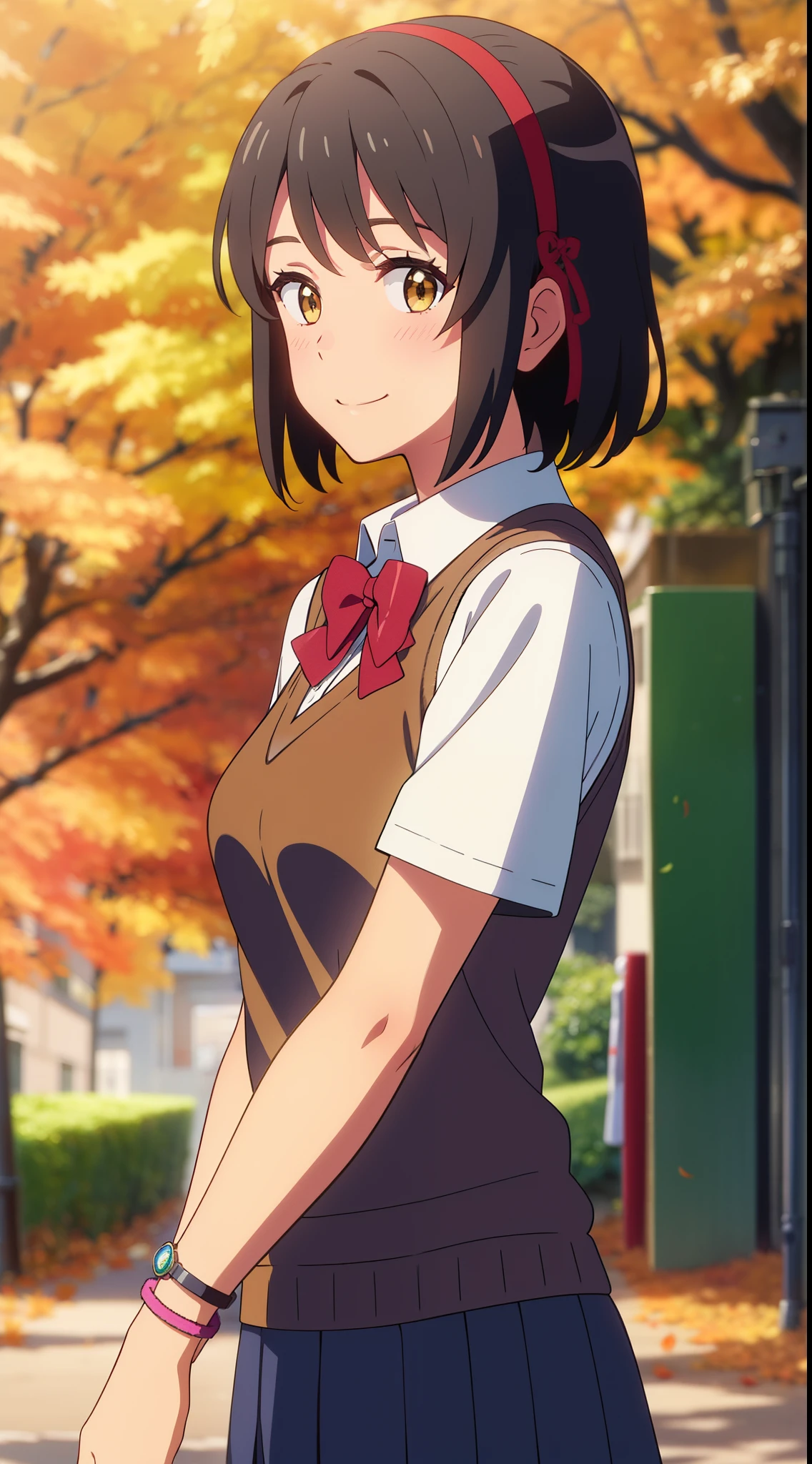 (masterpiece, best quality, high quality, highres, ultra-detailed), shinkai makoto, kimi no na wa., 1girl, bangs, black hair, blush, bright eyes, brown eyes, headband, looking at the viewer, red bow, red headband, red ribbon, school uniform, shirt, sweater vest, vest, white shirt, yellow sweater vest, yellow vest, skirt, blue skirt, short sleeves, short hair, medium breasts, solo, day, Outdoors, shiny skin, standing, shadow, smile, happy, bracelet, upper-body, {{{{{{in autumn}}}}}}, maple tree, falling leaves, autumn scenery, warm color., beautiful, pretty, {{{{fluttering leaves}}}}
