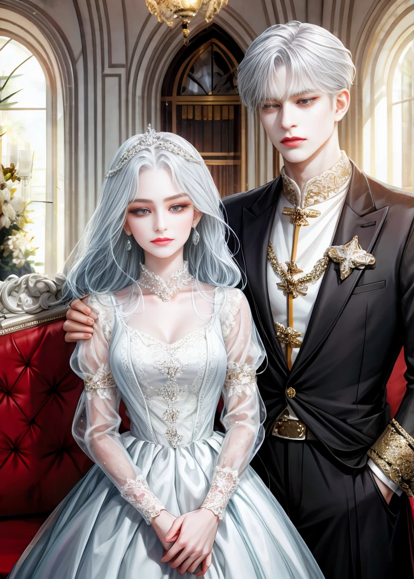 family, royal, elegant, good looking, kids, detailed, 4k, mom and dad, son and daughter, beautiful family, detailed eyes, pretty hair, handsome man, gorgeous woman, fine mom, hot dad, pretty kids, hot parents, kids, daughter, sons, mom with red hair, dad with silver hair, daughter with silver hair and son with silver hair