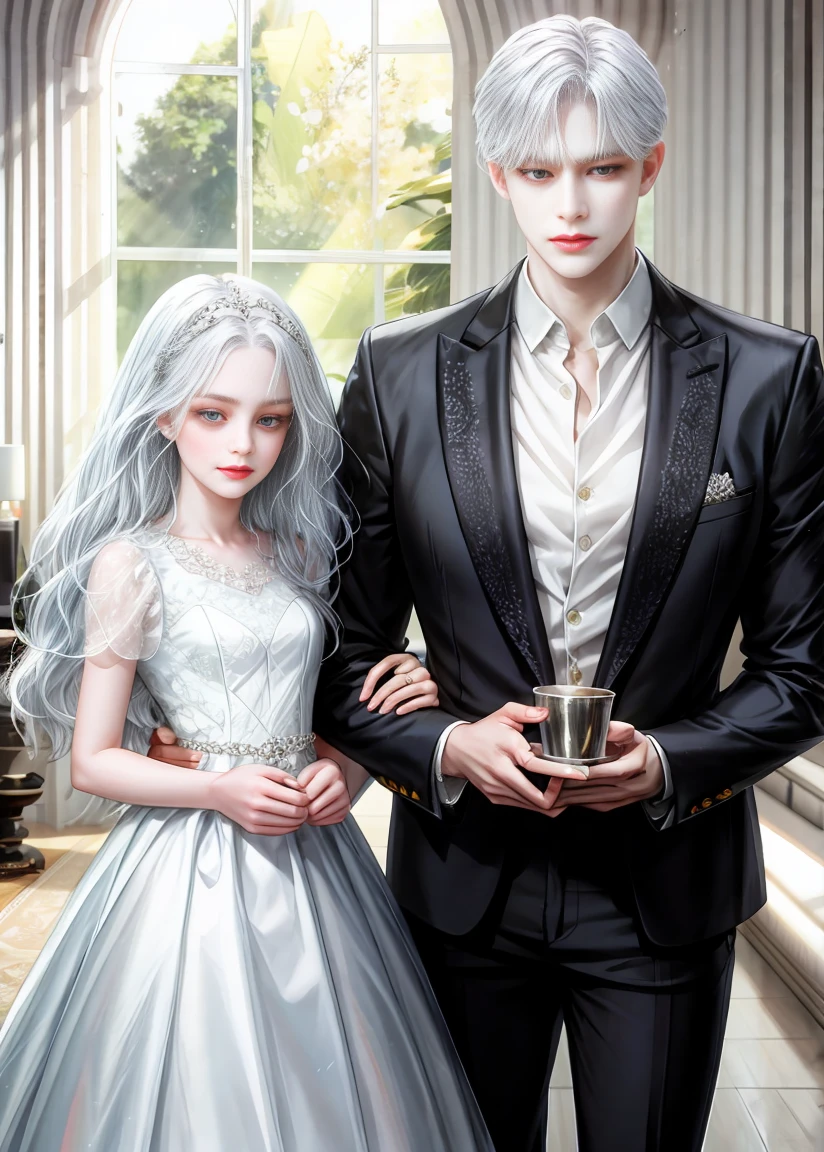 Middle-aged man dressed as a gangster, blue eyes, white hair, white skin, with a cold temper, and a woman in her 20's dressed in a long black dress, red hair and green eyes, white skin, with a fierce look, another white man with black hair, 40 years old, wearing a black suit and another woman with black hair and brown eyes, 28 years old, dressed in a white dress.