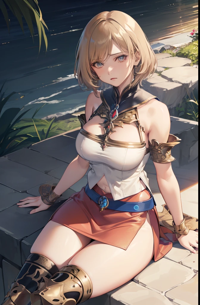 Thigh job,(the golden ratio,masutepiece, of the highest quality, Best Quality, Official art, Beautiful and aesthetic:1.2), ighly detailed, Colorful,highest details,Illustrations, fantastical scenes, (Adults,age19,1girl in, Solo, Final Fantasy 12,Ashelia, shorth hair, short-hair,Ashelia Costume, Colossal tits, a miniskirt,knee sox, thighs thighs thighs thighs, jewely,Contemptuous look