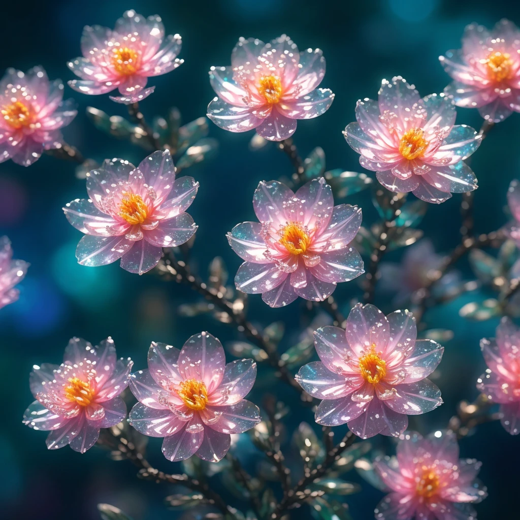 crystal spring blossom,
fantasy, galaxy, transparent, 
shimmering, sparkling, splendid, colorful, 
magical photography, dramatic lighting, photo realism, ultra-detailed, 4k, Depth of field, High-resolution