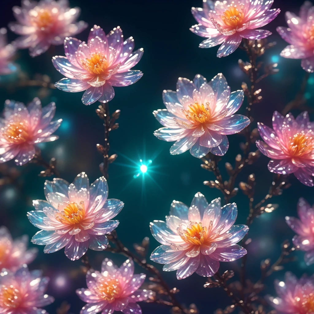 crystal spring blossom,
fantasy, galaxy, transparent, 
shimmering, sparkling, splendid, colorful, 
magical photography, dramatic lighting, photo realism, ultra-detailed, 4k, Depth of field, High-resolution