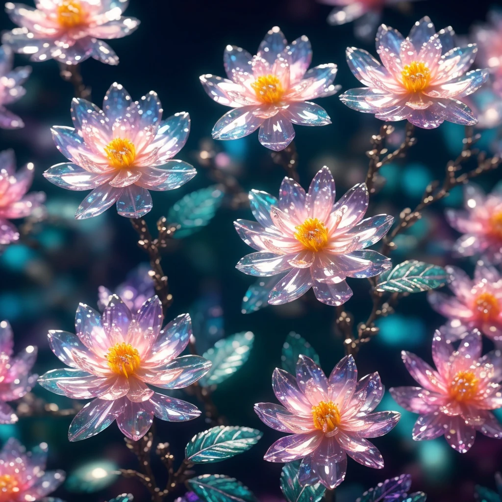 crystal spring blossom,
fantasy, galaxy, transparent,
shimmering, sparkling, splendid, colorful,
magical photography, dramatic lighting, photo realism, ultra-detailed, 4k, Depth of field, High-resolution