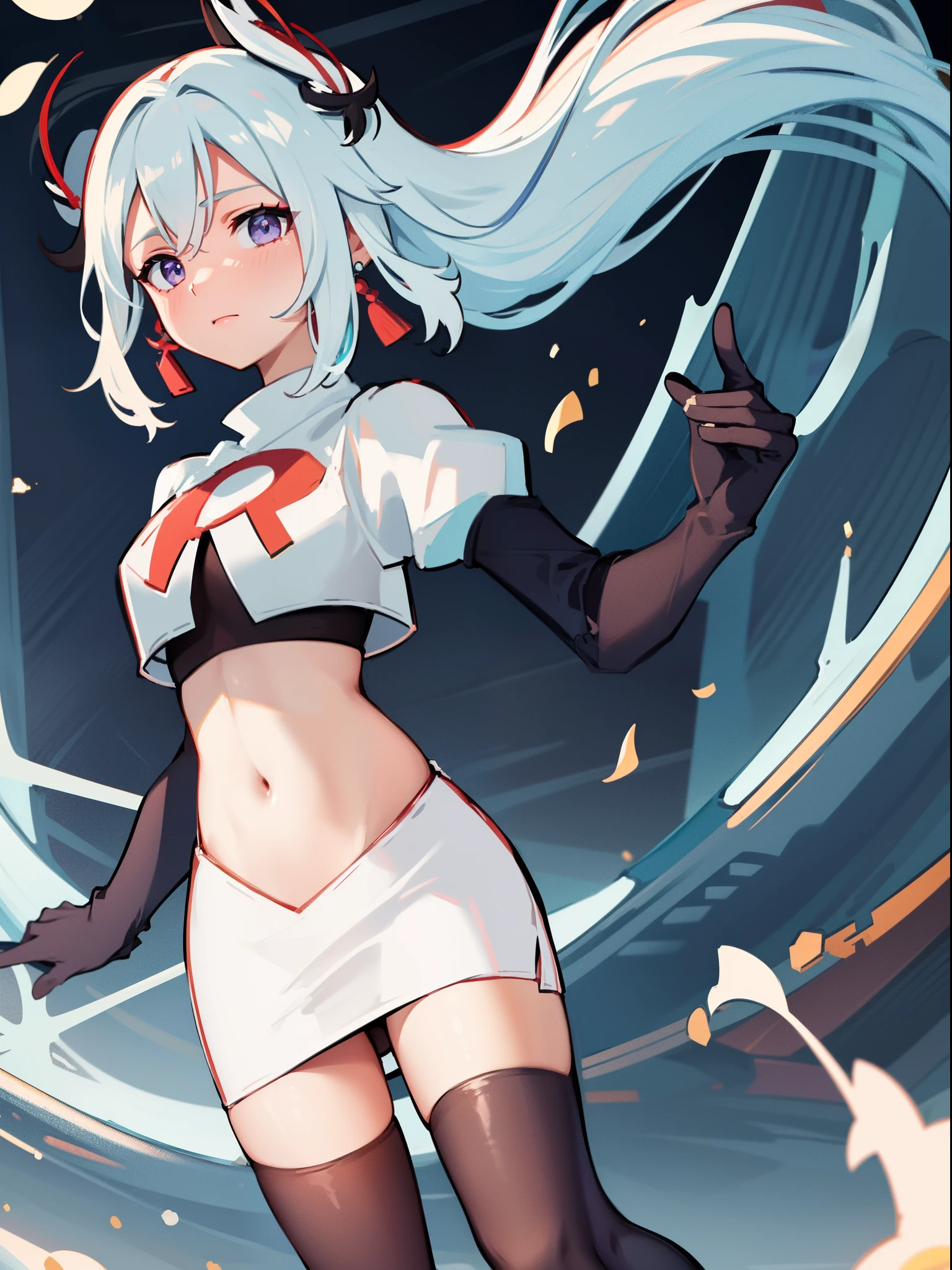 masterpiece, best quality, shenhe \(genshin impact\), long hair, 1girl, solo, earrings, hair ornament, team rocket,team rocket uniform, red letter R, white skirt,white crop top,black thigh-highs,black elbow gloves