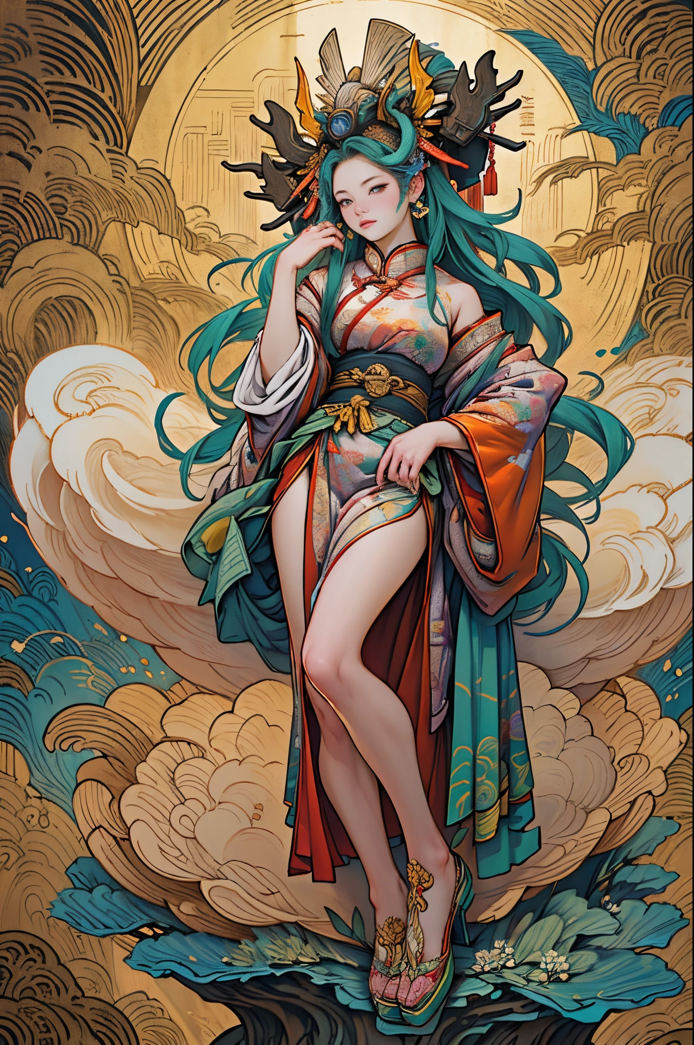 Depicts the ancient goddess of creation,Nuwa is the creation goddess in Chinese mythology。This is a great goddess image handed down from the matrilineal clan period in primitive society.。Deep background,hoang lap,marvelous and unbelievable,Epic work,(Complicated details,hyper-detailing:1.2),ultra real photo, Epic reality, ((com cores neutras)),(pastel colour:1.2), hyper realisitc, + Cinema lenses + dynamic compositions, The is very detailed, Sharpen, Cinematic, warmly lit, Light effect, Dramatic light, (Complicated details:1.1), the complex background, (greg rutkovsky:0.8),Full body photo,Fly in the sky,big goddess avatar,Chinese mythology,