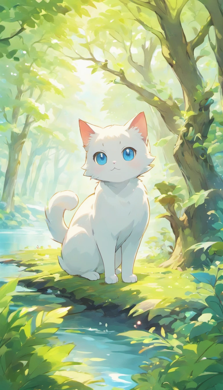 White cat、Blue eyes、sidelong glance、Inside a fantastic forest with a large lake in the background、Elegance、narrow her eyes、Fantastical、hali々and has、Condescending、On the branches of trees