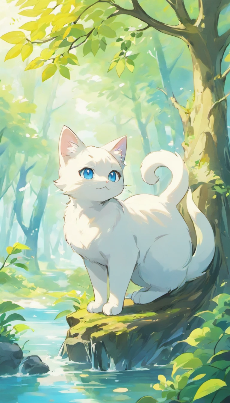 White cat、Blue eyes、sidelong glance、Inside a fantastic forest with a large lake in the background、Elegance、narrow her eyes、Fantastical、hali々and has、Condescending、On the branches of trees