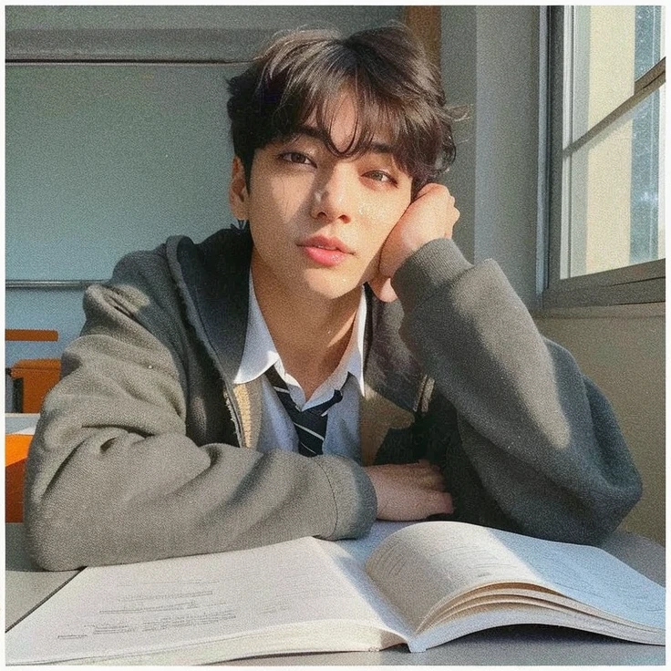 hay un joven sentado en una mesa con un libro, Aesthetics of Jinyoung Shin, Kim Doyoung, Jinyoung Shin, Inspirado por Jeonseok Lee, Cai Xukun, Ulzzang masculino, Sakimichan, light academia aesthetic, por Jang Seung-eop, inspirado por Bian Shoumin, Hyung Tae, Taejune Kim, jungkook
