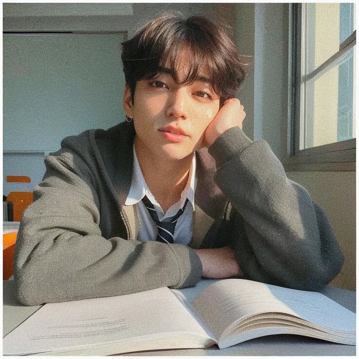 hay un joven sentado en una mesa con un libro, Aesthetics of Jinyoung Shin, Kim Doyoung, Jinyoung Shin, Inspirado por Jeonseok Lee, Cai Xukun, Ulzzang masculino, Sakimichan, light academia aesthetic, por Jang Seung-eop, inspirado por Bian Shoumin, Hyung Tae, Taejune Kim, jungkook