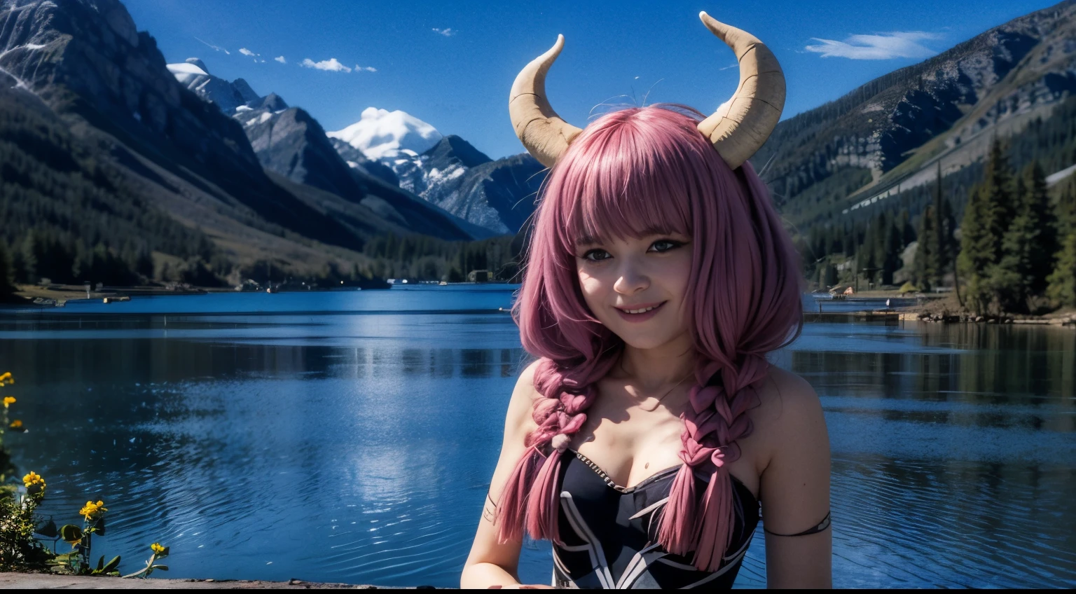 solo,grin, TheGuillotineAura,1girl, multiple braids,demon horns, bare shoulders, nature,sunshine,midday,mountain,sky,lake,