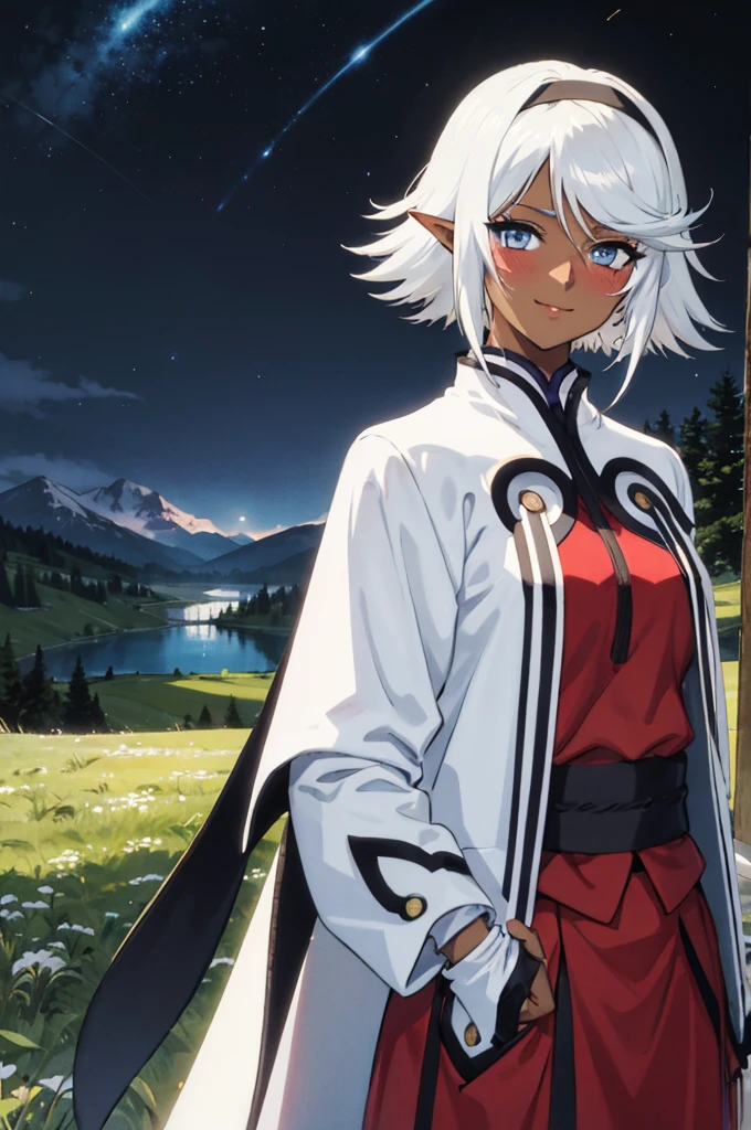 Nisei Muramasa, cinematic lighting, masterpiece, cowboy shot, blush, cute, eyelashes, BREAK nisei, 1girl, smile, happy, fingerless gloves, (dark-skinned female:1.2), white hair, dark elf, hairband, dress, upper body, sash, red, night, starry sky, park, walking, meadow, mist, mountainous horizons, lake, grass, moon, fireflies,