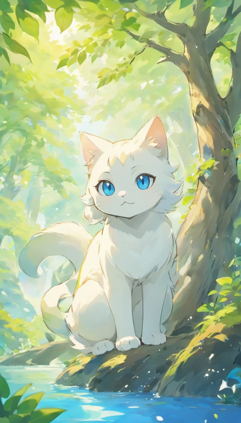 White cat、Blue eyes、sidelong glance、Inside a fantastic forest with a large lake in the background、Elegance、narrow her eyes、Fantastical、hali々and has、Condescending、On the branches of trees