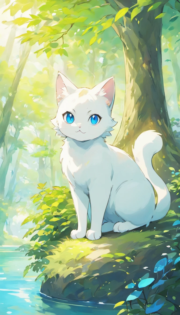 White cat、Blue eyes、sidelong glance、Inside a fantastic forest with a large lake in the background、Elegance、narrow her eyes、Fantastical、hali々and has、Condescending、On the branches of trees
