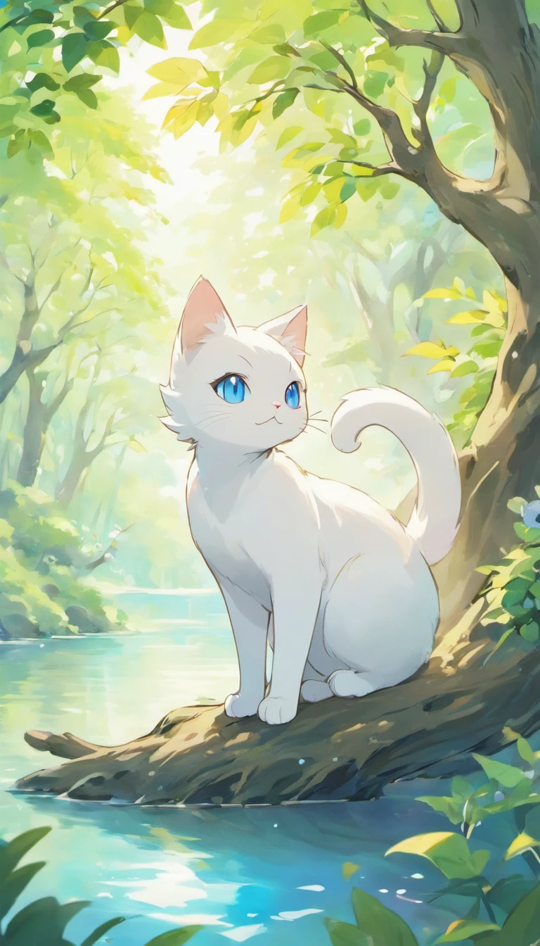 White cat、Blue eyes、sidelong glance、Inside a fantastic forest with a large lake in the background、Elegance、narrow her eyes、Fantastical、hali々and has、Condescending、On the branches of trees