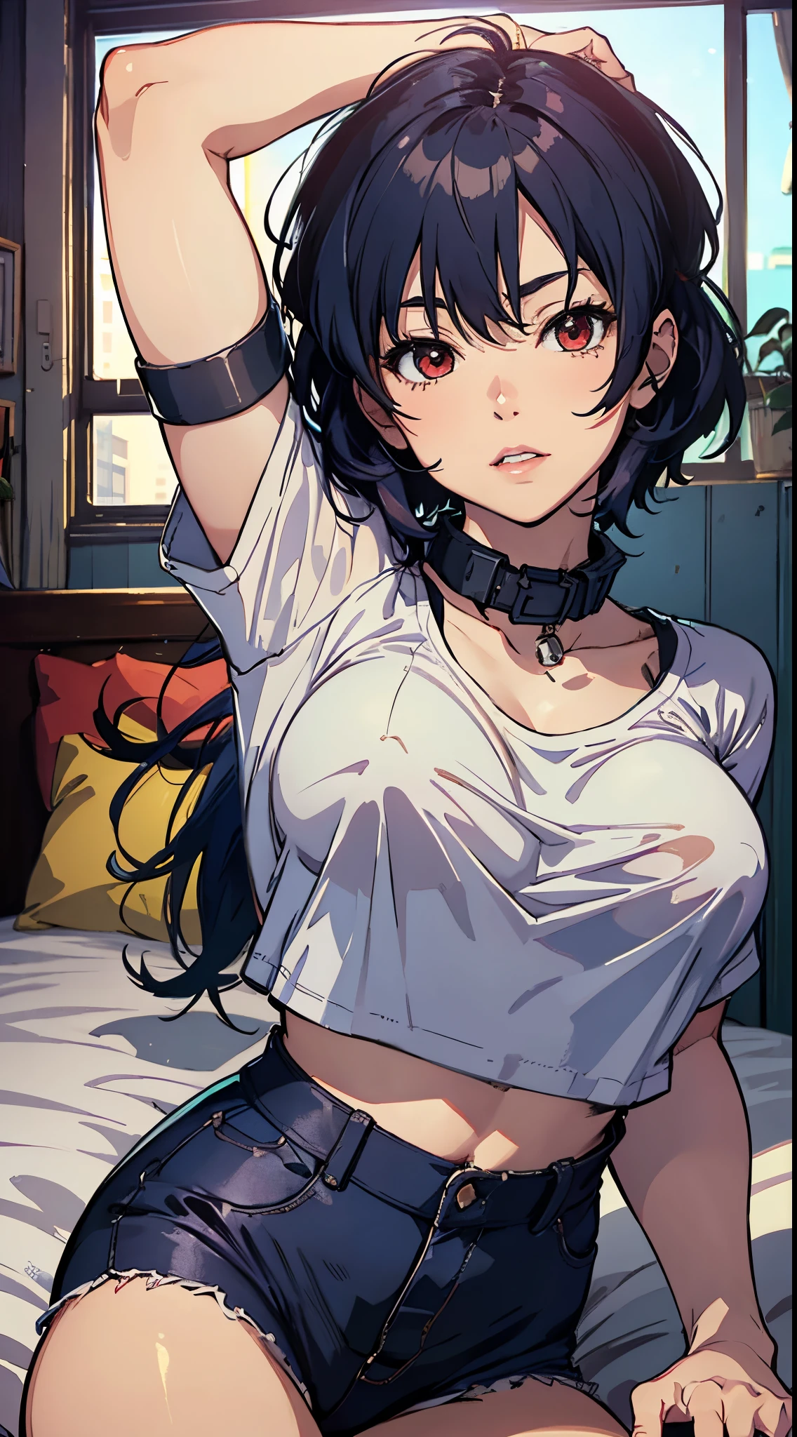 Suko Kusanagi, anime style beautiful woman, lie on bed， (tmasterpiece, Best quality:1.2), cow boy shooting, Alone, 1 busty girl, Highest resolution，distinct_Image of a）Best quality， maam， tmasterpiece， The is very detailed， Semi-realistic， Transparent oversized T-shirt，exposing her breasts， shirt pulling， The collar is around the neck， Inside the room， Modern bedroom， window， Get up， Morning， The face is red