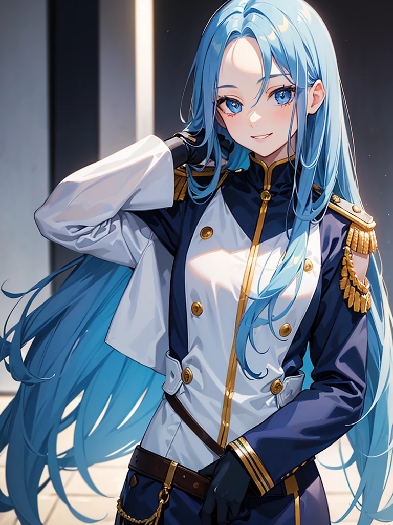 （blue  hair:1.2）,(Qi bangs，eBlue eyes),(ssmile)，(Blue military uniform，Golden military uniform:1.2)Kizi，(White tights)。