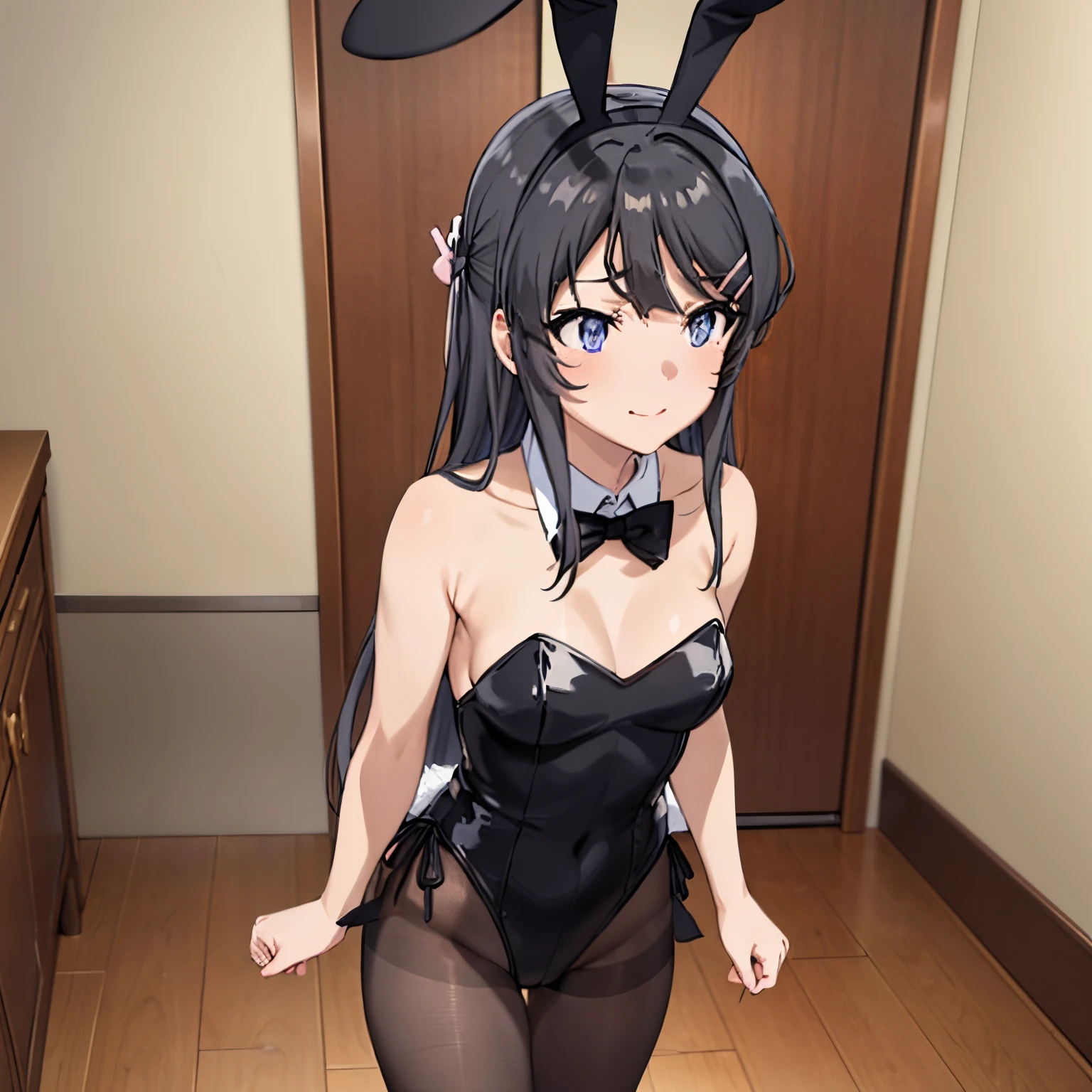 pov (front), Mai Sakurajima, 1 girl, alone, long hair, black hair, big breasts, medium waist, medium hips, medium thighs, bangs, black hair, bun, bunny ears, playboy bunny costume, bare shoulders , blue eyes, standing, full body, pantyhose, indoor, room, black shoes, high heels, leotard, wristbands, black pantyhose, strapless, black bow, detached collar, fake animal ears, playboy bunny, black leotard, leotard strapless, black bow tie, raising one leg, seductive posture, embarrassed, seductive, smiling, closed mouth