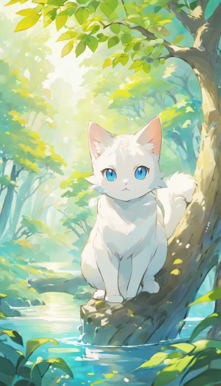 White cat、Blue eyes、sidelong glance、Inside a fantastic forest with a large lake in the background、Elegance、narrow her eyes、Fantastical、hali々and has、Condescending、On the branches of trees