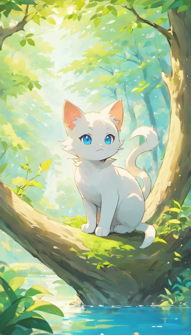 White cat、Blue eyes、sidelong glance、Inside a fantastic forest with a large lake in the background、Elegance、narrow her eyes、Fantastical、hali々and has、Condescending、On the branches of trees