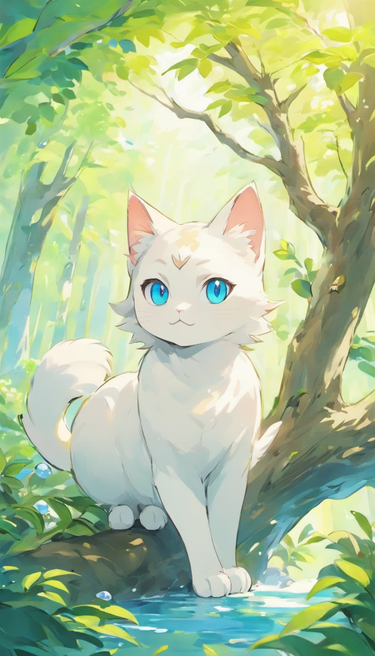 White cat、Blue eyes、sidelong glance、Inside a fantastic forest with a large lake in the background、Elegance、narrow her eyes、Fantastical、hali々and has、Condescending、On the branches of trees