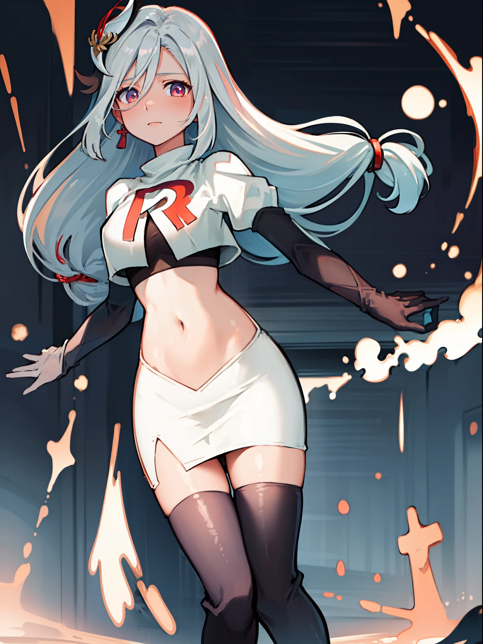 masterpiece, best quality, shenhe \(genshin impact\), hair between eyes, long hair,  (silver_hair:1.2),bangs, 1girl, solo, earrings, hair ornament, team rocket,team rocket uniform, red letter R, white skirt,white crop top,black thigh-highs,black elbow gloves