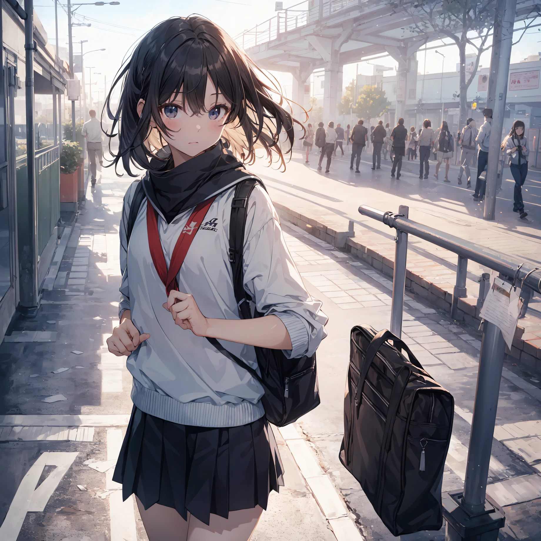 of the highest quality, anime moe art style,Best Anime 8K Konachan Wallpapers,Pixiv Contest Winner,Badass Anime 8K,Perfect Anatomy, (Draw a girl sleepily walking to school. ),BREAK, 1girl in, (Solo,Lori,child,13years:1.3),a junior high school student, Androgynous attraction, (Very short hair),hair messy, Full limbs, complete fingers,flat chest, Small butt, groin, Small eyes,Precise black eyes,disgusted eye, School uniform, Skirt,On the way to school. BREAK,Ultra-detailed,High resolution,super detailed skin, Professional Lighting,8k eye details, (cool illustration:1.2),