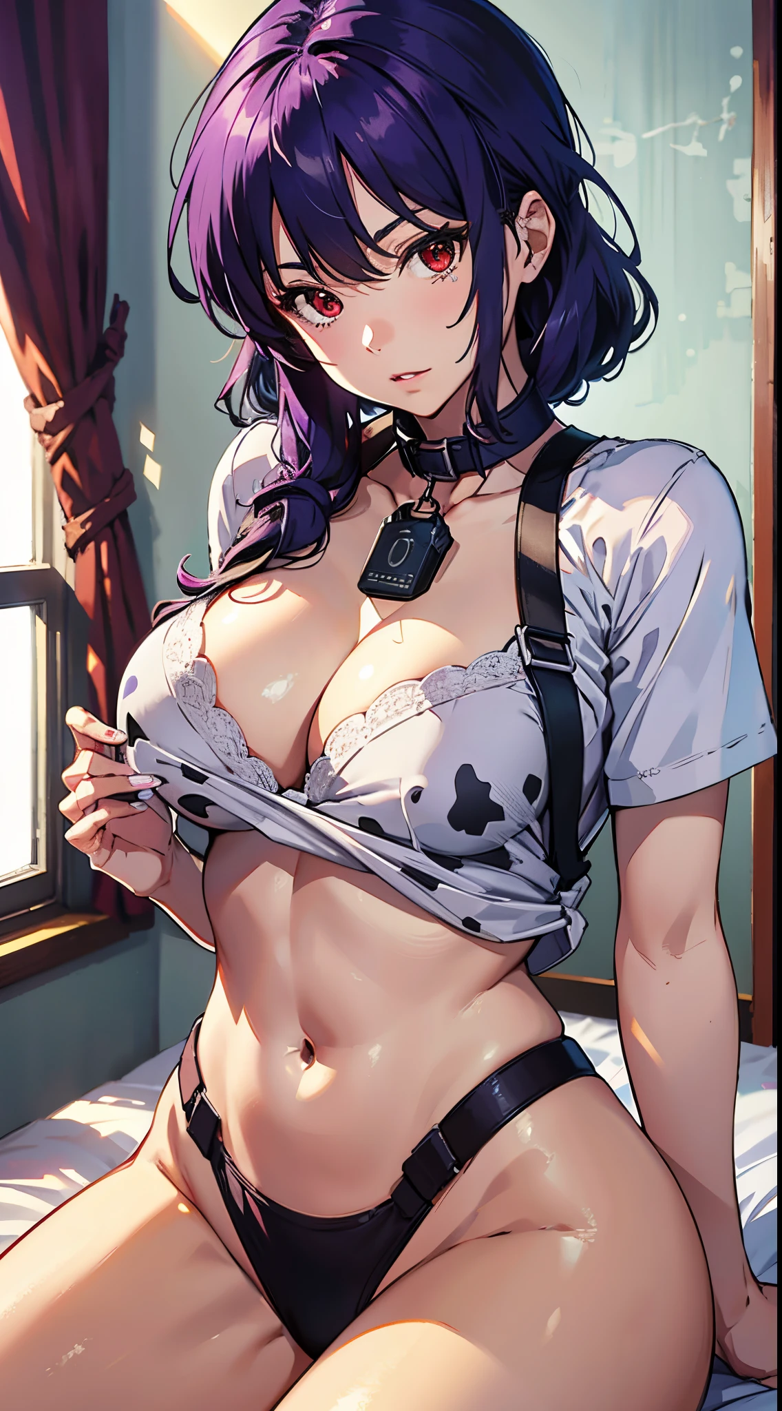 Suko Kusanagi, Purple colored hair, red eyes,anime style beautiful woman, Get down on the bed， (tmasterpiece, Best quality:1.2), cow boy shooting, Alone, 1 busty girl, Highest resolution，distinct_Image of a）Best quality， maam， tmasterpiece， The is very detailed， Semi-realistic， Transparent oversized T-shirt，exposing her breasts， shirt pulling， The collar is around the neck， Inside the room， Modern bedroom， window， Get up， Morning， The face is red