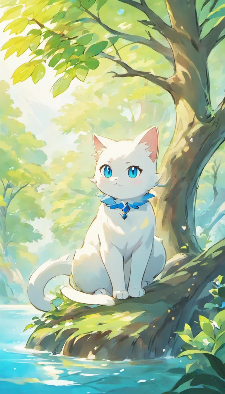 White cat、Blue eyes、sidelong glance、Inside a fantastic forest with a large lake in the background、Elegance、narrow her eyes、Fantastical、hali々and has、Condescending、On the branches of trees