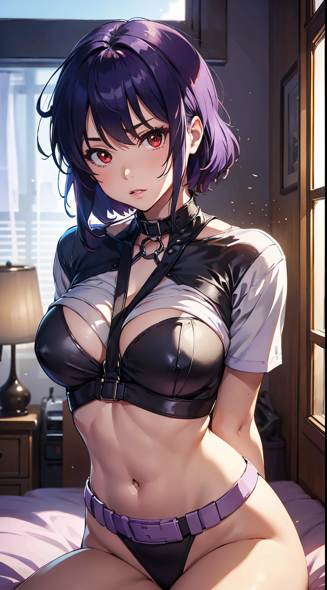 Suko Kusanagi, Purple colored hair, red eyes,anime style beautiful woman, Kneel down on the bed， (tmasterpiece, Best quality:1.2), cow boy shooting, Alone, 1 busty girl, Highest resolution，distinct_Image of a）Best quality， maam， tmasterpiece， The is very detailed， Semi-realistic， Transparent oversized T-shirt，exposing her breasts， shirt pulling， The collar is around the neck， Inside the room， Modern bedroom， window， Get up， Morning， The face is red