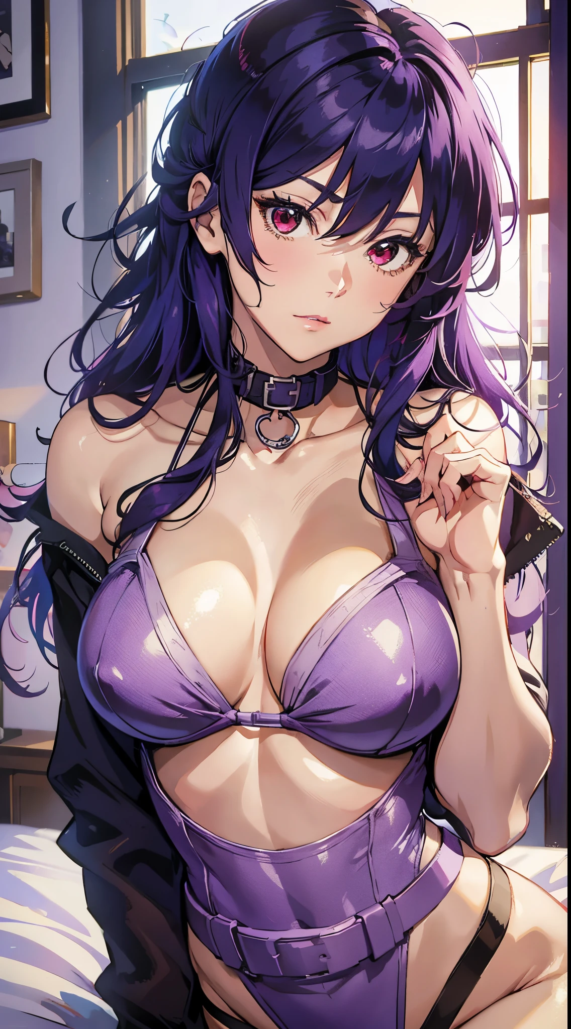 Suko Kusanagi, Purple colored hair, red eyes,anime style beautiful woman, lie on bed， (tmasterpiece, Best quality:1.2), cow boy shooting, Alone, 1 busty girl, Highest resolution，distinct_Image of a）Best quality， maam， tmasterpiece， The is very detailed， Semi-realistic， Transparent oversized T-shirt，exposing her breasts， shirt pulling， The collar is around the neck， Inside the room， Modern bedroom， window， Get up， Morning， The face is red