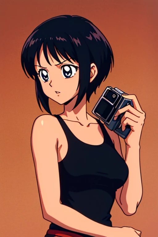 inzaniak,absurdres,wallpaper,official_art,filipino, filipino woman,short black hair,amber eyes,tanned bronze skin,colorful,jewelry,blacktanktop,bluepants,knot,short bangs,pink lips,,looking at the camera