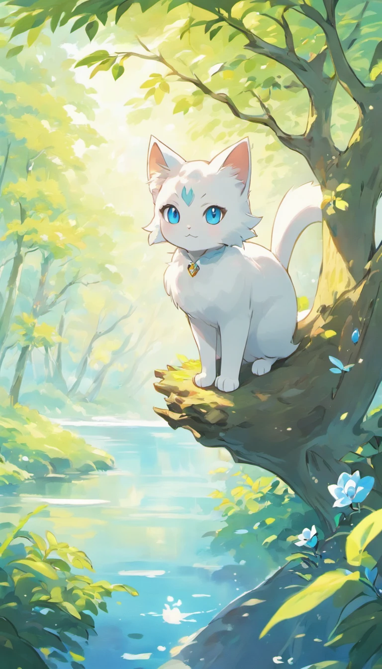 White cat、Blue eyes、sidelong glance、Inside a fantastic forest with a large lake in the background、Elegance、narrow her eyes、Fantastical、hali々and has、Condescending、On the branches of trees