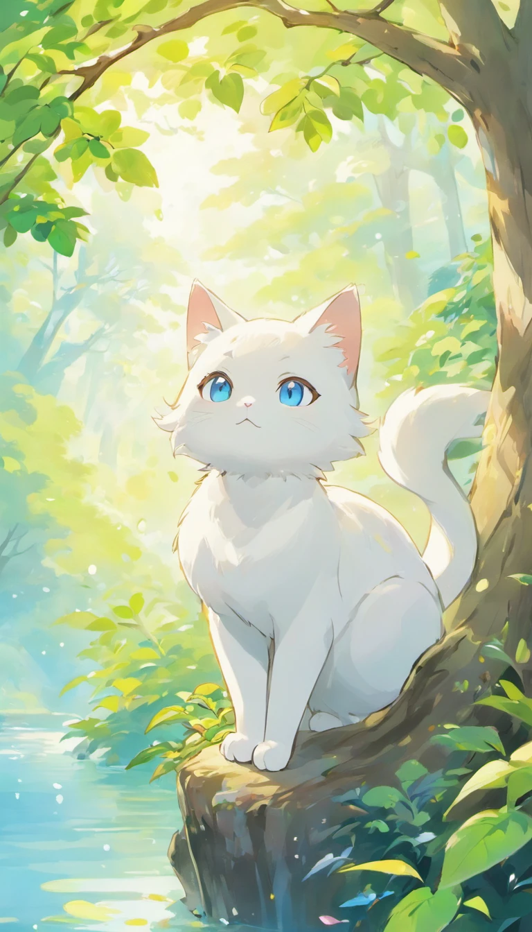 White cat、Blue eyes、sidelong glance、Inside a fantastic forest with a large lake in the background、Elegance、narrow her eyes、Fantastical、hali々and has、Condescending、On the branches of trees