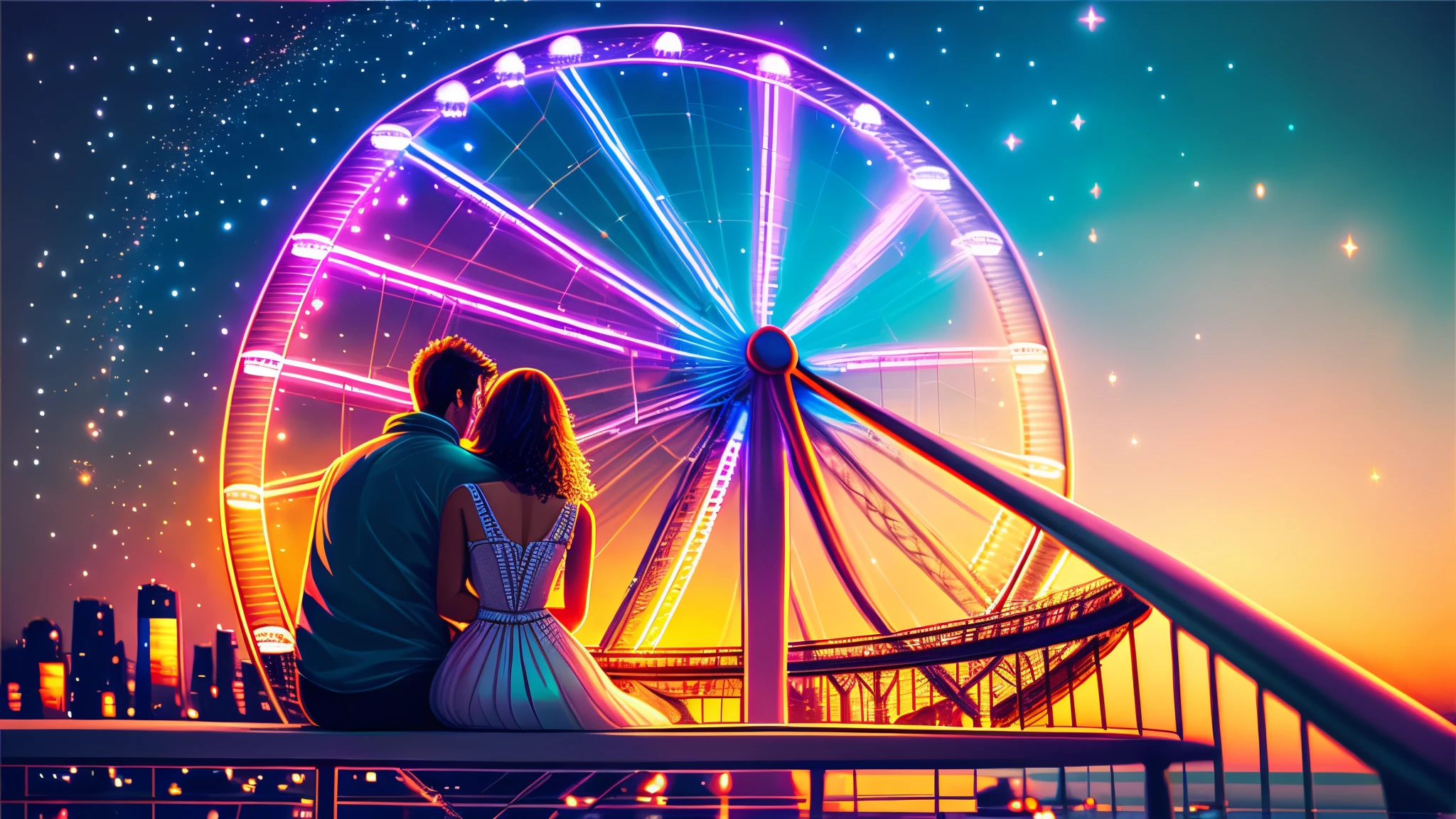 a couple sitting on a Ferris wheel, sparkling lights, romantic atmosphere, colorful Ferris wheel, joyful expressions, height, intimacy, breathtaking view, motion blur, evening sky, luminous cityscape, towering buildings, futuristic vibe, peacefulness, anticipation, dawn. (best quality, highres), ultra-detailed, realistic, warm colors, soft lighting.