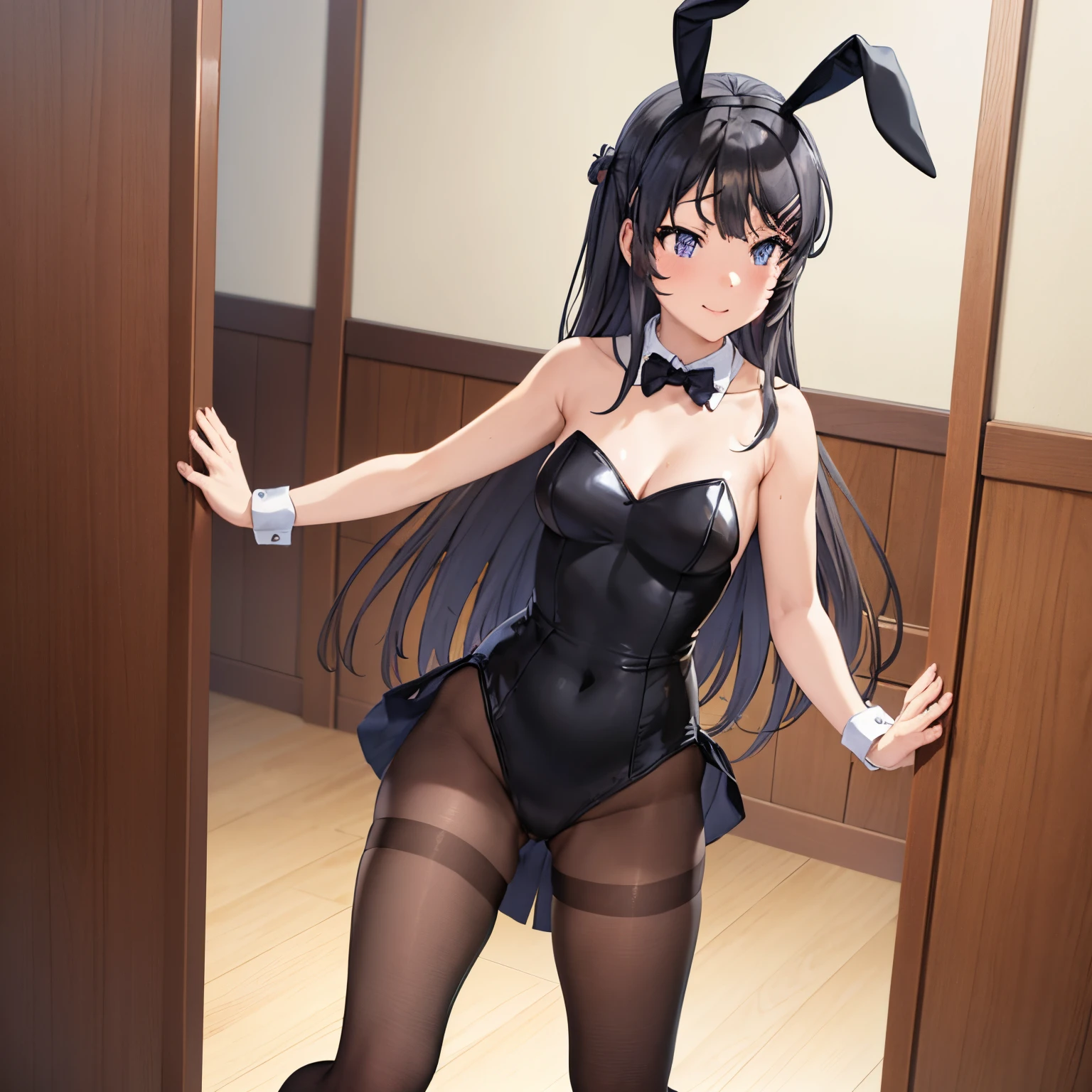 pov (front), Mai Sakurajima, 1 girl, alone, long hair, black hair, big breasts, medium waist, medium hips, medium thighs, bangs, black hair, bun, bunny ears, playboy bunny costume, bare shoulders , blue eyes, standing, full body, pantyhose, indoor, room, black shoes, high heels, leotard, wristbands, black pantyhose, strapless, black bow, detached collar, fake animal ears, playboy bunny, black leotard, leotard strapless, black bow tie, raising one leg, seductive posture, embarrassed, seductive, smiling, closed mouth