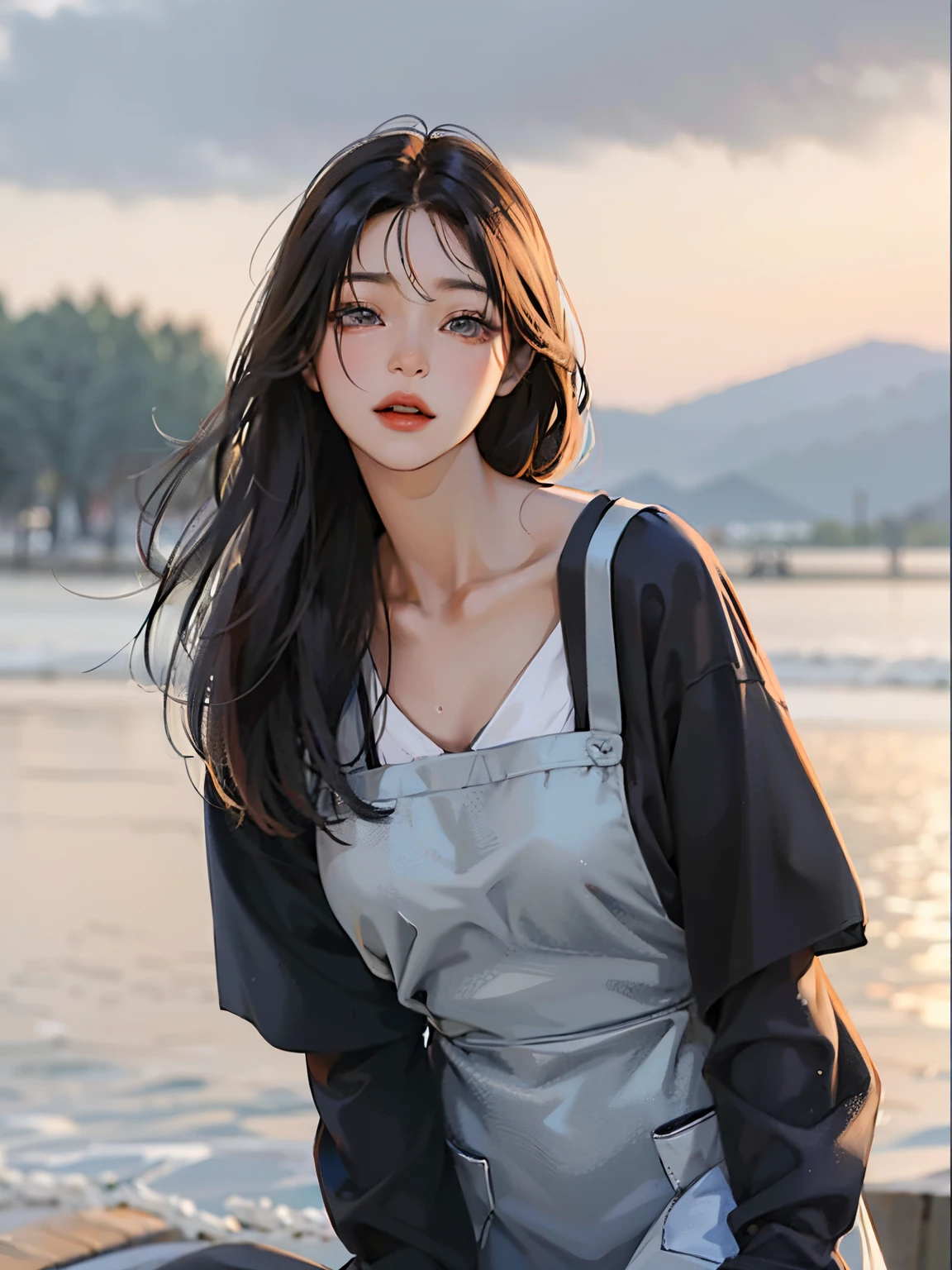 Araf woman in gray apron posing for photo, Bae Xiuzhi, Korean fashion model, Lee Ji-eun, lee ji eun, jinyoung shin, gorgeous young korean woman, hanbok apron, Nam Jae-yeon, Official Product Pictures, korean woman, Cui Xianhua, simple clothes, beautiful Korean women, beautiful young korean woman, choi