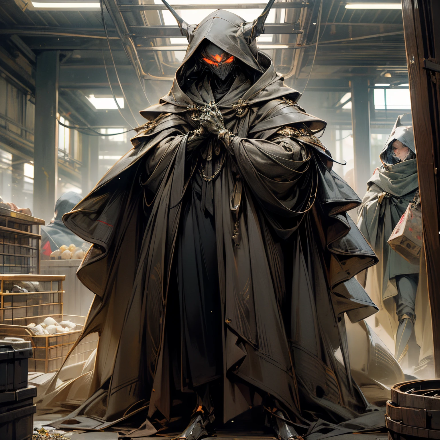 A stranger, hiding in the corner, angular design, hooded, wearing a heavy pale cloak, lots of glowing eyes, lots of spindly legs, hiding under their cloak, lots of hands, in a market full of other robots, very tall, hunched forward, trader, offering goods, uncanny appearance, weird anatomy, hidden,